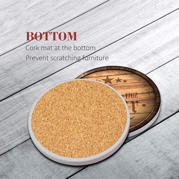 Britimes Set of 6 Coaster for Drinks Absorbent with Cork Base, Metal Holder, Round Wooden Stone Drink Mat for Coffee Wood Table, Gift for Birthday, Farmhouse Housewarming Room Bar Decor Retro 2