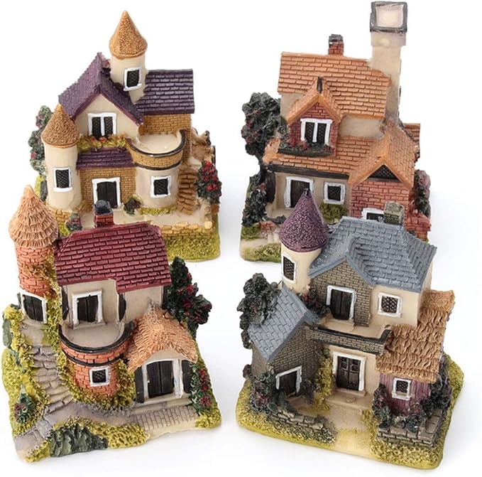 4PCS Miniature House Fairy Gardening Micro Landscape Village Stone House Bonsai Terrarium Crafts Ornaments Accessories Home Decoration Resin