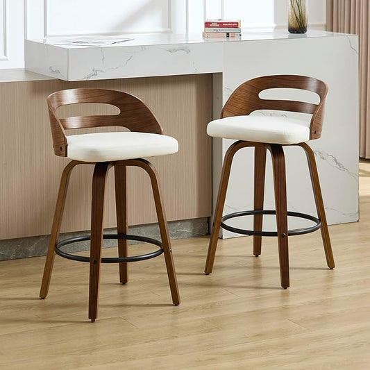 26" Swivel Bar Stools Set of 2, Mid-Century Modern Counter Height Chairs with Beige PU Leather, Curved Backrest & Footrest for Kitchen Island, Home Bar, Dining Room