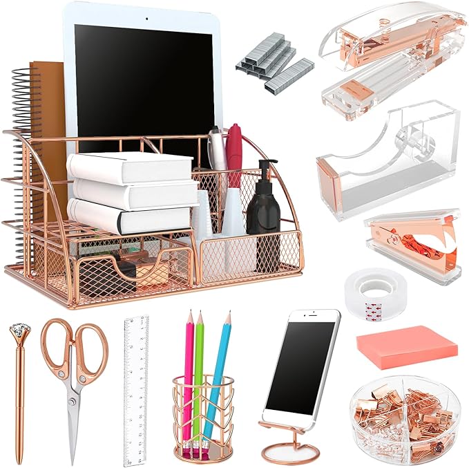 Office Desk Organizers, Rose Gold 13PCS Office Supplies and Accessories Desk organizer, Acrylic Stapler, Staple Remover, Clips, Scissor, Phone Holder, Pen, Pen Holder (Rose Gold)