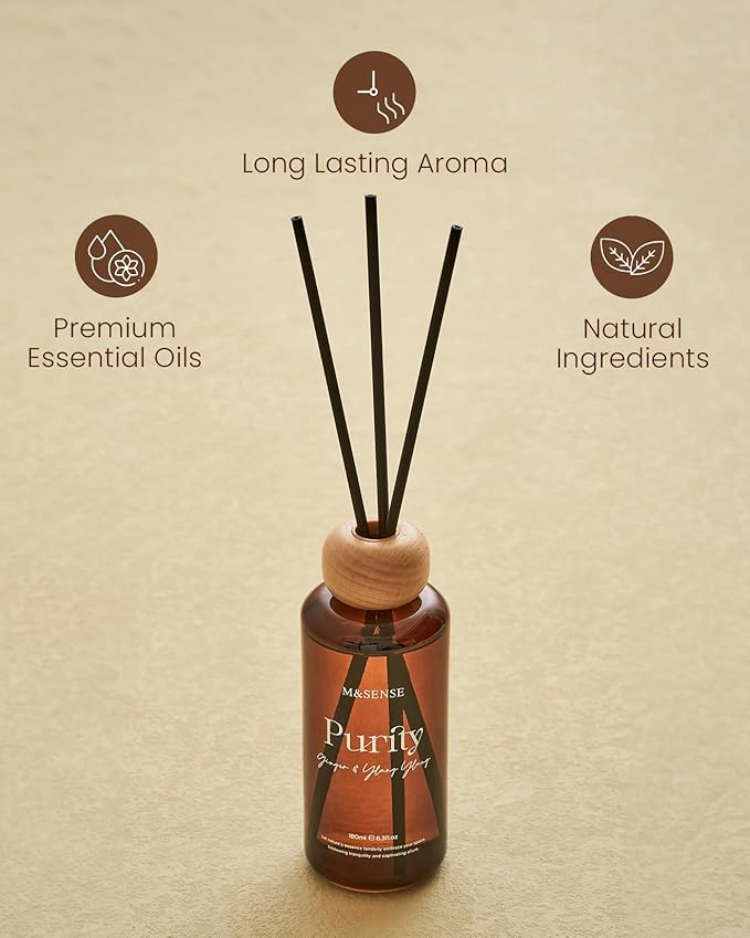 M&SENSE Ginger Ylang Ylang Scent Diffuser: 6.3 fl oz Lime & Lemon Aroma Set with Light & Subtle Fragrance, Long-Lasting Non-Toxic Natural Essential Oil Diffuser for Office Shelf Decor Small Spaces ﻿