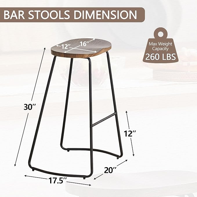 HeuGah Bar Stools Set of 3, Bar Height Saddle Seat Bar Stools, 30" Backless Wooden Barstool for Kitchen Island (Brown, 3 PCS 30Inch Barstool)