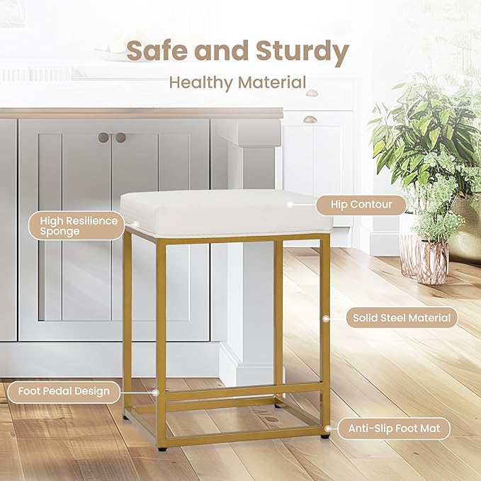 PHI VILLA White and Gold Bar Stools Set of 2 - Thick Cushion Metal Steel Frame Base with Footrest 24 Inch Barstools, Counter Height Bar stools