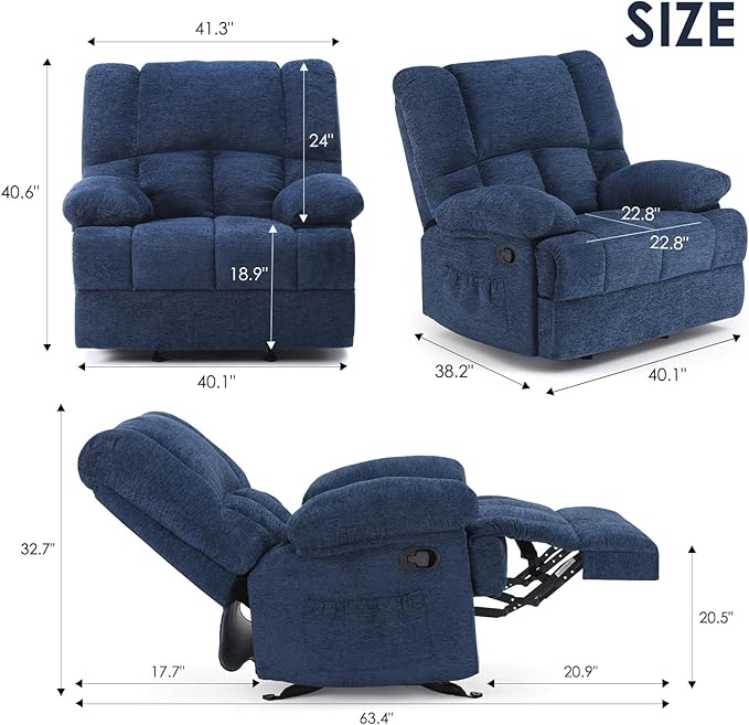 Oversized Rocker Recliner Chair, Wide Rocker Chair with Adjustable Backrest Footrest, Oversized Recliner for Adults, Reclining Sofa for Living Room, Blue