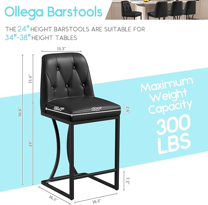 Black Counter Height Bar Stools Set of 2, 24 inch Counter Stools Pu Leather Modern Bar Chairs with Back for Kitchen Island