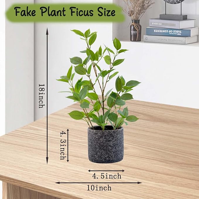 18'' Fake Plant Ficus Greenery with Silk Leaves Artifical Potted Small Banyan Tree in Special Pattern Cement Planters for Home Decor Office Living Room Bedroom Indoor Outdoor