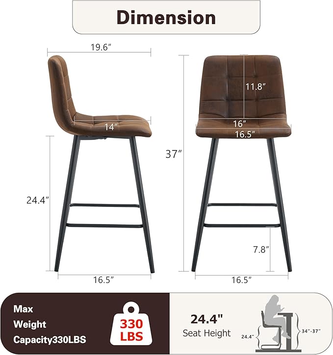 Counter Height Bar Stools Set of 2,Modern Techno-Fabric Barstools, 24.4 inch Seat Height Island Stools,Comfortable Brown Bar Chairs with Metal Legs