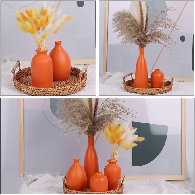 Orange Ceramic Bud Vases Set of 4, Farmhouse Style - Mantle & Shelf Decor - Living Room, Bathroom, Office & More