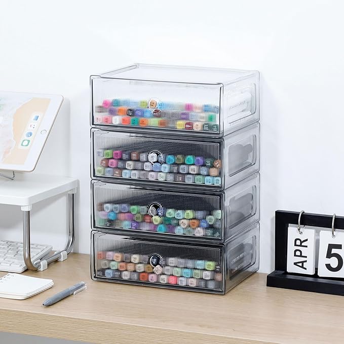 Clear Drawer Organizers for Office, Plastic Storage Box for Art Supplies, Marker Pen, School Stationery, Colored Pencils, Kitchen Accessories, Stackable Bathroom Makeup Container, 4 Drawers