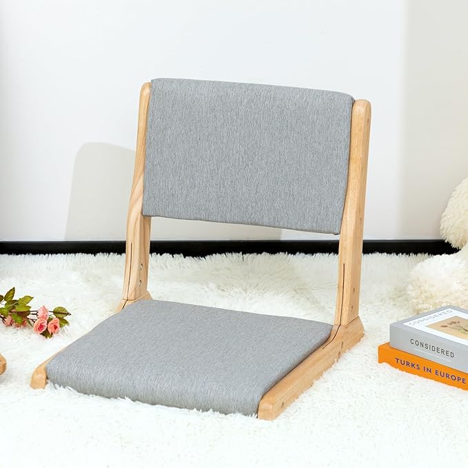 HollyHOME Foldable Japanese Style Floor Chair with Back Support, Wood Legless Tatami Chair with Cushion, Accent Meditation Seat for Bay Window, Living Room, Bedroom, Light Grey