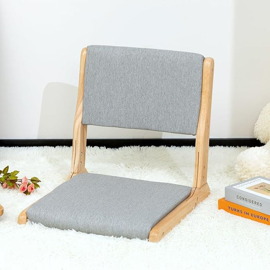 HollyHOME Foldable Japanese Style Floor Chair with Back Support, Wood Legless Tatami Chair with Cushion, Accent Meditation Seat for Bay Window, Living Room, Bedroom, Light Grey