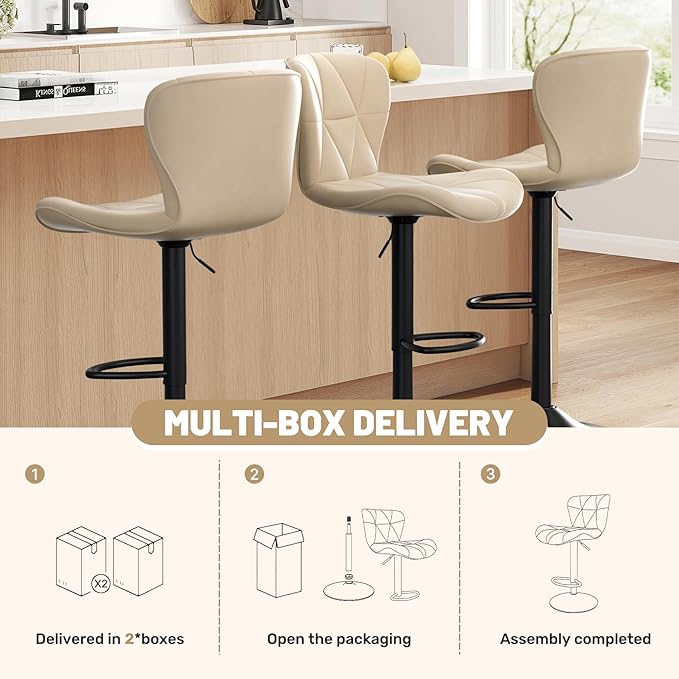 Bar Stools Set of 3,Adjustable Swivel Barstools, Faux Leather Bar Chairs,Upholstered Counter Height with High Backrest for Kitchen Island, Khaki
