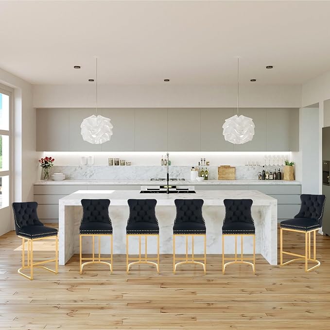 UVV Counter Height Bar Stools Set of 4, 26" Modern Barstools with Back, Velvet Upholstery Counter Chairs with Metal Legs for Kitchen Island, Bar, Counter, Black