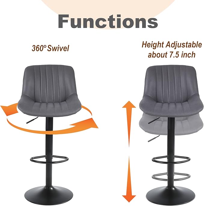 Bar Stools Set of 3, Swivel Counter Height Barstools with Back, Adjustable PU Leather Bar Chairs, Modern Armless Kitchen Island Stool, Dark Grey