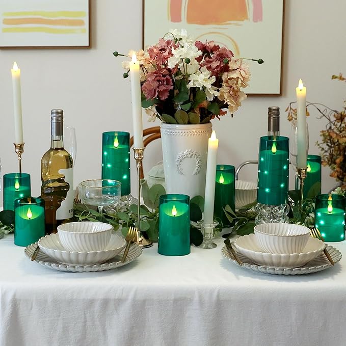 NURADA Flameless Candles: 3D Wick Battery Operated LED Pillar Acrylic Fake Candles with Remote and Timer for St. Patrick's Day Home Holiday Christmas Party Table Decor - 3 Pack Green