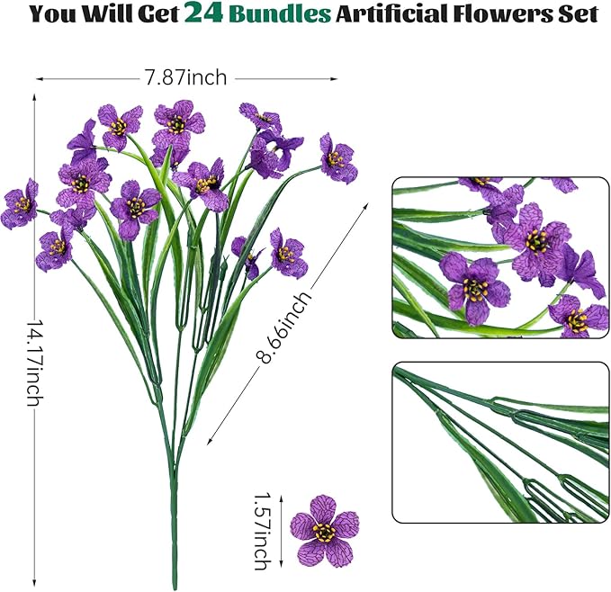 Lnoicy 24 Pcs Artificial Flowers for Outdoor,Plastic Flowers Decoration, UV Resistant Faux Flowers Shrubs, Artificial Plants for Indoor Outside Garden Home Wedding Farmhouse（Purple