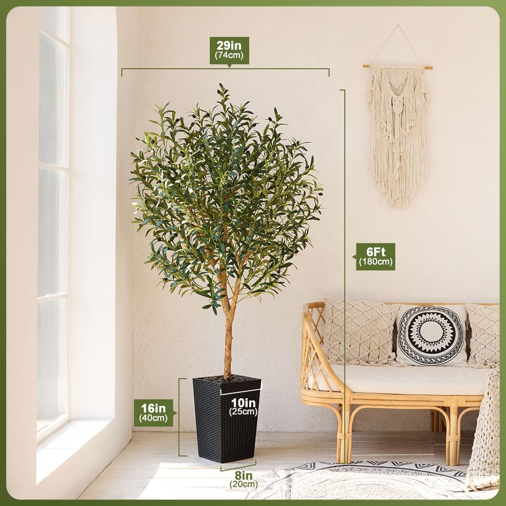Artificial Olive Tree 6FT, Faux Olive Trees with Real Wood Trunk, UV Resistant Fake Plants in Planter & River Rocks, Indoor Tall Silk Plant for Home Living Room Office Outdoor Decor, VN133