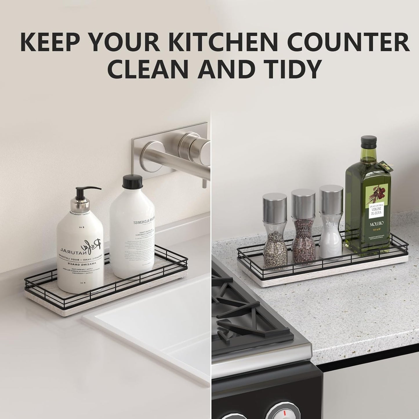 Bathroom Tray for Counter Top Organizer – Ash Wood Vanity Tray with Metal Frame for Dresser, Kitchen, Nightstand – Black & Farmhouse White Decorative Storage