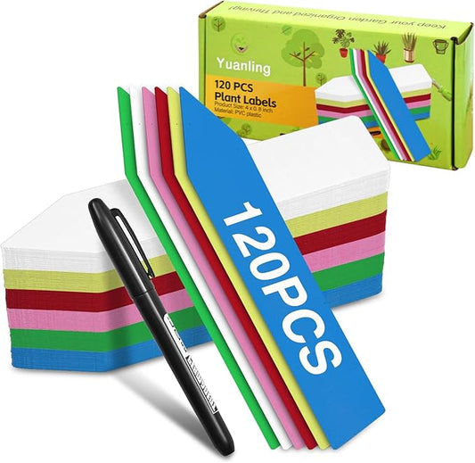 Plant Labels 120 Pcs Yuanling for Seeding Plastic Waterproof Plant Name Tags Garden Labels Marker Garden Pots Stakes for Outdoor Potted Plants Belt Permanent Marking Pen (6 Colors)