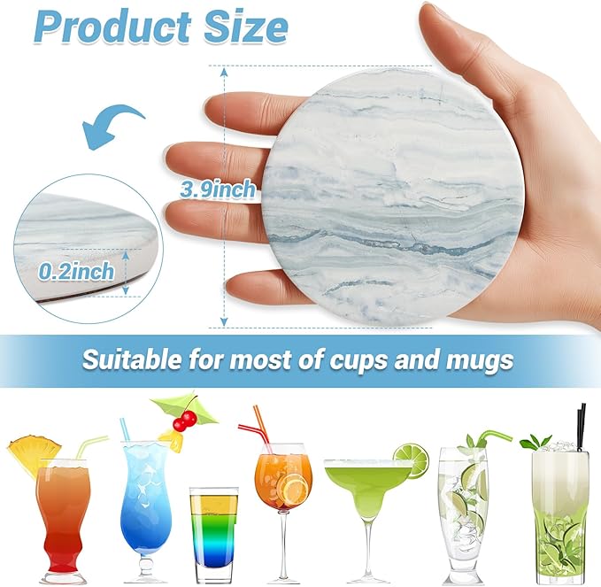 Acejoz Drink Coasters with Holder for Coffee Table, Absorbent Coasters Set of 6, Marble Style Ceramic Coaster for Wooden Table, Suitable for Kinds of Cups, Home Decor, 4 Inches(Blue)