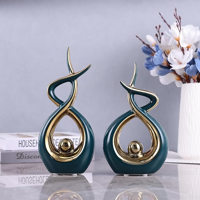 Gold Green Modern Sculpture Table Decorations, Ceramic Knick Knacks Statues for Living Room Decor, Tv Stand and Desk Decor, Suitable for Coffee Tables and Shelf Decorations, Great Gift Idea
