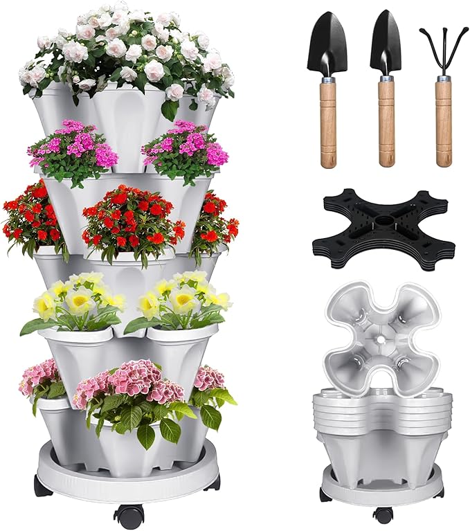 Vertical Strawberry Planter 5 Tier Stackable Tower Herb Planters-Stacking Garden Outdoor Planter Pot with Tools Mover for Succulents, Vegetables and Flowers