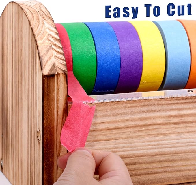 Masking Tape Dispenser - Wood Craft Tape Dispenser for Kids, Multi Tape Dispenser Multi Roll Tape Holder Tape Cutter for Gift Wrapping, Gift for Children Office Home School (Sawtooth)