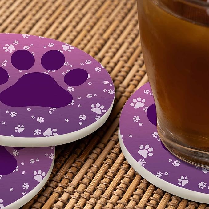 Big Dog Paw Coasters for Drinks 2 Pack Little Animal Puppy Cat Kitten Paws Print Design Gradient Purple Tabletop Protection Kitchen and Coffee Table Décor & Accessories,Set of 2