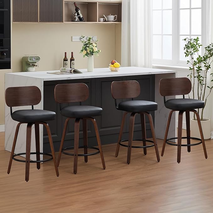 Counter Stools Set of 4, 26 inch Swivel Counter Height Bar Stools with Walnut Back,Upholstered PU Leather, Bentwood Legs, Mid Century Modern Bar Chairs for Kitchen Island, Black