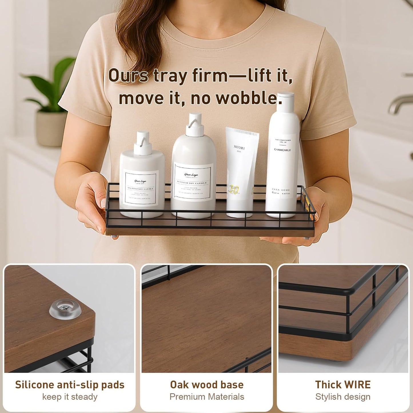 Toilet Paper Basket Organizer – Oak Wood Toilet Tank Tray with Metal Frame, Back of Tank or Top Bathroom Counter Storage – Black & Brown Modern Decor