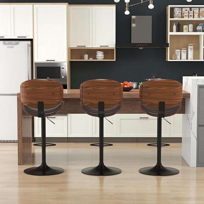KCC Bar Stools Set of 6, Swivel Adjustable Height Barstools, PU Leather Upholstered Bar Chairs with Footrest, Bentwood Bar Stool for Kitchen, Bar, Dining Room(Brown PU)