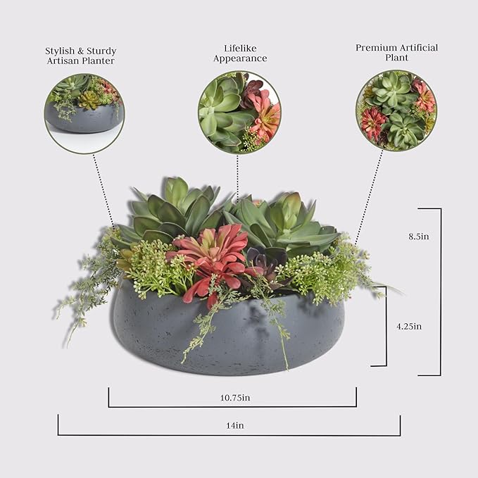 CG Hunter Faux Succulent Arrangement, Premium Artificial Indoor Plant Enhances Interior Design, Display on Any Surface in Your Home Adding an Inviting Touch of Nature, Grey Planter Pot Included