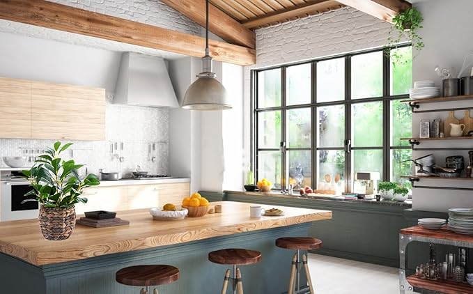 Artificial Vibrant Plants 14.2 inches Tall Fake Outdoor Greenery Plants with Ficus Leaves in Brown Rattan Planter for Indoor Home Office Garden Modern Decoration Ideal Housewarming Gift