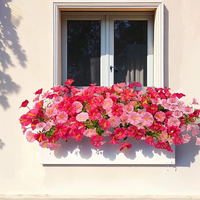 Artificial Flowers for Outdoor, Fake Flowers Faux Plants for Outside Indoor, 4PCS Summer Decor, Morning Glory Petunia UV Resistant, for Garden Porch Window Box Home Planters Farmhouse (Darklightpink)