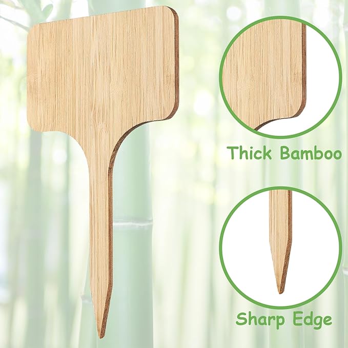 70Pcs Bamboo Plant Labels with 1 Marker Pen, T-Type Natural Seedling Nursery Sign Tags, Wood Garden Markers Decorative Patio Tags for Outdoor Indoor Potted Plants Herbs Flowers Vegetables