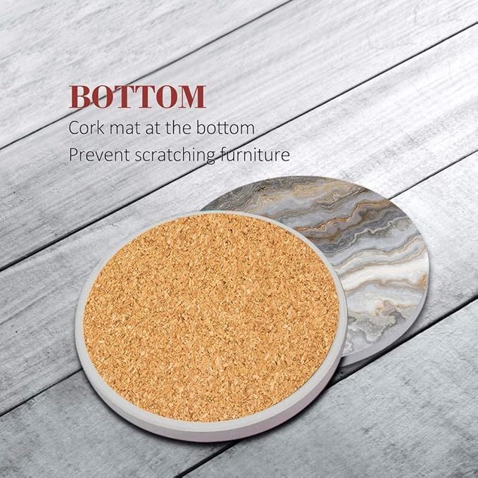 Britimes Coaster for Drinks Set of 6, Grey Marble Golden Stone Agate Table Absorbent Round Ceramic Stone Mat, with Cork Base and Metal Holder, Gift for Housewarming Room Bar Decor