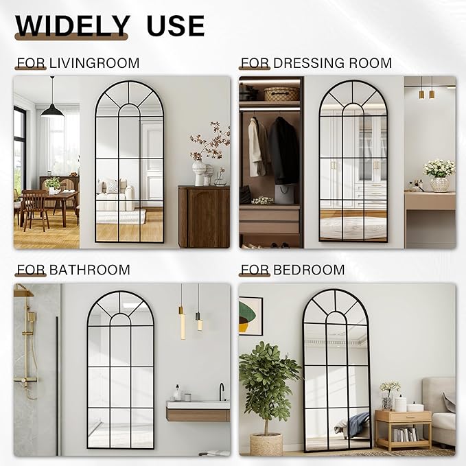 24"×65" Windowpane Arched Full Length Mirror, Grid-Designed Decorative Farmehouse Full Body Floor Mirror with Metal Frame Hanging Leaning for Entryway, Living Room, Home Decor, Black