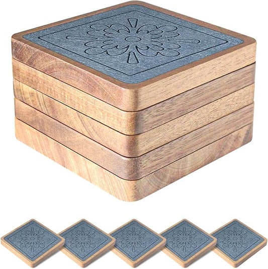 Square Coasters for Drinks, Absorbent Coaster Sets of 5, Wood Drinks Coasters for Coffee Tabletop Protection, Non-Slip, Non-Stick, Suitable for Kinds of Cups Wooden Table Drink, 4.1 Inches Grey