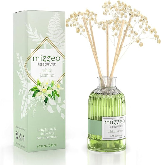 MIZZEO Reed Diffuser Set, White Jasmine 6.76 fl oz Highly Scented Room Diffuser Home Fragrance Essential Oil Reed Flower Diffuser, House Bedroom Office Decor & Gifts