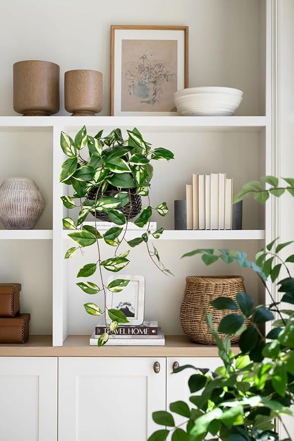 Oairse Artificial Hanging Plants Fake Hanging Plants with Pots Faux Golden Pothos N‘ Joy Potted Plant Wall Plant with Basket Pot for Wall Shelves Bedroom Bathroom Indoor Outdoor