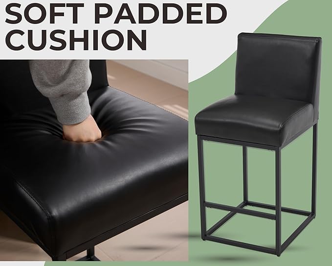 VESCASA Faux Leather 27 inches Counter Height Bar Stools with Padded Back, Modern Upholstered Counter Stool Chairs with Black Metal Frame for Kitchen Island, Set of 6, Black