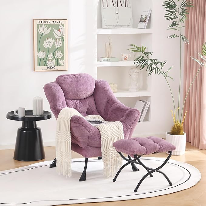 Welnow Lazy Chair with Ottoman, Modern Lounge Accent Chair with Armrests and a Side Pocket, Leisure Sofa Armchair Set, Reading Armchair with Footrest for Small Space, Plush Purple