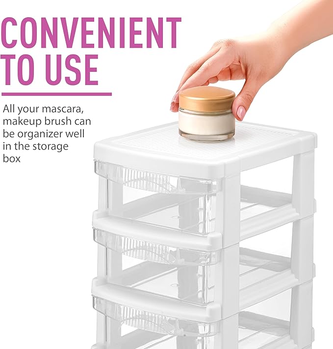 Mini Plastic Stacking Desk Top 4-Drawer Storage Organizer, for Makep Vanity Nail Polish Bathroom Stationery Art Craft Supplies Kitchen Office Garage and Small Organization, Small, White