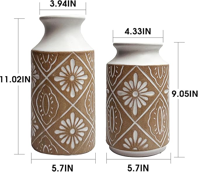 Rustic Ceramic Vase Set of 2 for Living Room Bedroom 11.02'' and 9.05'' Large Unique Flower Vases for Home Decor Office Centerpieces Fireplace Vintage Antique Farmhouse Modern Gift for Plant