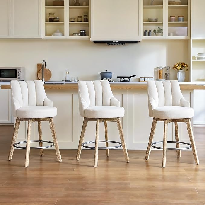 IWOOD Counter Height Bar Stools,Swivel Bar Stools with Backs,Barstools Set of 3,26'' Solid Wood Legs,Thick Seat Upholstered Linen Fabric Counter Height Stools in Beige