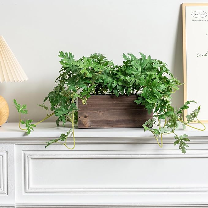 MyGift Vibrant Lifelike Artificial Plant Pelargonium Graveolens Leafy Vine Greenery in Burnt Brown Solid Wood Rectangular Planter Box