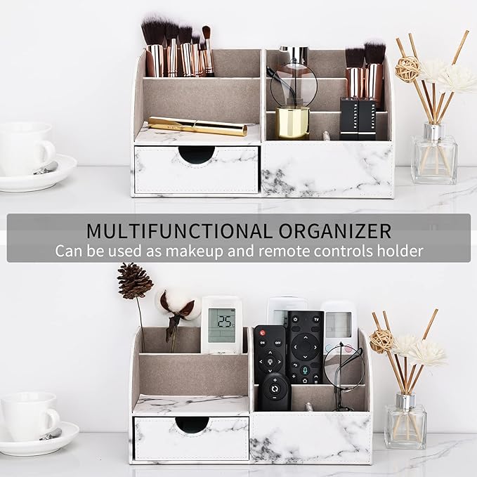 KINGFOM Pu Leather Desk Organizer Pen Pencil Holder Office Supplies Caddy Storage Box 6 Compartments with Drawer Gray Marble
