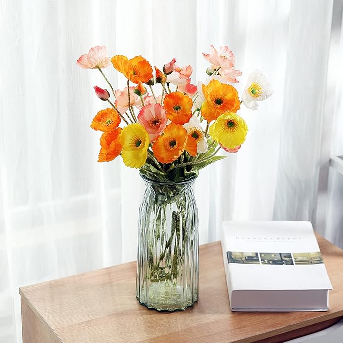 Artificial Poppy Flowers, 8 Bundles Faux Poppies with Stems for Floral Arrangements - Wedding, Home, Office, Party Table Centerpiece Decor