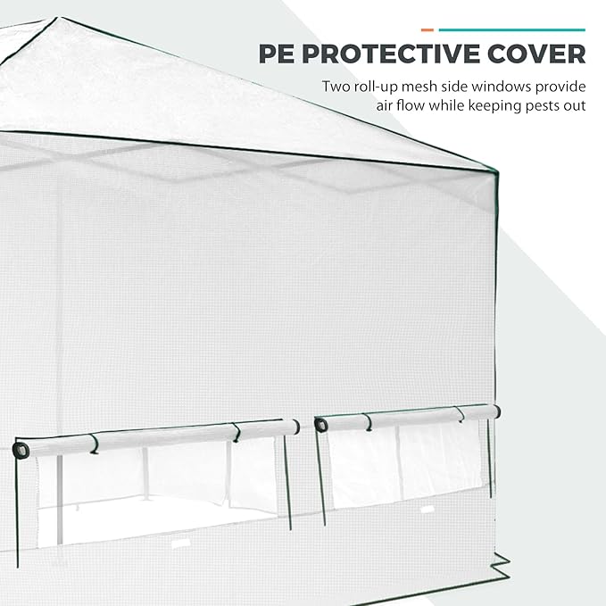 EAGLE PEAK Replacement Cover for 12x8 Portable Walk-in Pop up Greenhouse, Front and Rear Roll-Up Zipper Entry Doors and 4 Large Roll-Up Side Windows (Frame Not Included), White