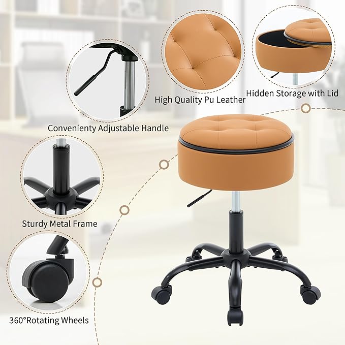 Vanity Stool with Wheels (Chair & Small Table in One) (Adjustable Height Stool 20.67"-24.61"), Caramel Brown Rolling Chair with Storage